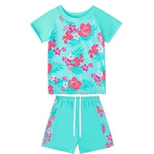 Kids Girls Two Piece Short Sleeve Swimwear Blue Swim‎ Set 10Y